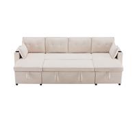 Sofá cama 4 plazas convertible panorámico de algodón y lino con almacenaje,beige