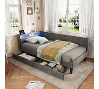 Sofá cama 90x200 con 2 cajones, marco de cama con iluminación LED y carga USB, sofá cama de 1 plazas con somier de láminas, cama de día, cama supletoria, cama supletoria, terciopelo