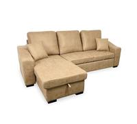 Sofá cama chaise longue con arcón de almacenaje modelo zurich, diseño moderno, con reposabrazos y cojines decorativos, marron claro