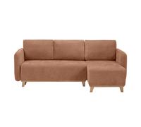Sofá cama chaise longue reversible 3-4 plazas de tejido efecto aterciopelado terracota y madera clara ROMANE