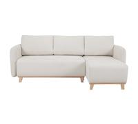 Sofá cama chaise longue reversible 3-4 plazas de tejido efecto aterciopelado texturizado beige y madera clara ROMANE