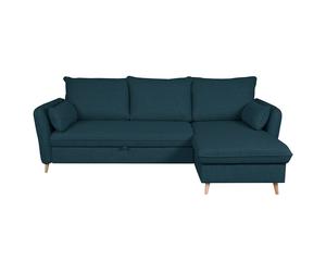 Sofá cama con chaise longue 3-4 plazas con canapé de tela azul marino y madera clara DRISS