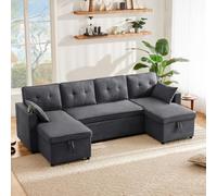 Sofá cama con función de cama, sofá de esquina convertible de 4 plazas en U, sofá acolchado, tela de algodón y lino, con portavasos, espacio de almacenamiento, familias, sala de estar