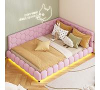 Sofá cama de 140 x 200 cm, color rosa, acolchado de forro polar, con iluminación LED controlada por aplicación y puerto USB, moderna cama juvenil, cama de invitados con somier, cama para niñas