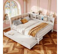 Sofá cama de 140 x 200 cm con cama extensible e iluminación LED - Sofá cama con barra LED regulable, estante y estructura de madera maciza (pino), color blanco - Sin colchón