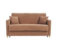 Sofá cama de 3 plazas en tela efecto terciopelo tierra quemada y madera clara con colchón de 18 cm SKANDY