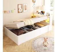 Sofá cama de 90 × 200 cm, equipado con una toma europea y varios compartimentos de almacenamiento, con tiras de luz LED multicolores, mecanismo de cama hidráulico, cama multifuncional de madera maciza