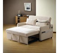 Sofá-cama de matrimonio con cama extraíble, respaldo ajustable, soporte para teléfono móvil, puerto de carga USB, beige