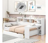 Sofá cama diván 90 x 200 cm, mesita de noche y bandeja debajo de la mesa, cama con enchufe y puerto USB, 2 cajones, escritorio, sin colchón, tablero de partículas, color blanco