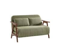 Sofá cama en borreguito y madera teñido nogal, 2 plazas verde kaki - 133x81x84 cm