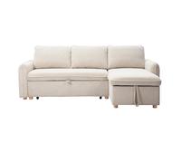 Sofá cama esquinero convertible reversible con baúl de 3 plazas en tela terciopelo de pana beige y madera clara ORSO