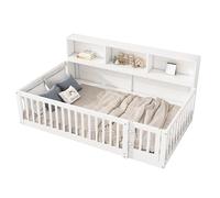 Sofá cama, marco de madera maciza, somier de listones, estante para cabecero, espacio de almacenamiento, protección anticaídas, puerta de barandilla, puerta de madera de densidad media, construcción