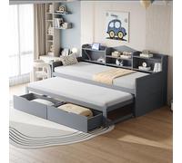 Sofá cama multifuncional de 90 x 200 cm con cama nido, toma USB, cajones y espacio de almacenamiento, cama de madera gris para habitaciones de invitados y espacios pequeños