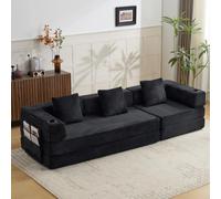 Sofá cama plegable de pana negra con soporte para bebidas y compartimento lateral