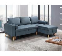 Sofá cama rinconera reversible de tela verde azulado con arcón KORI