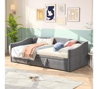 Sofá Cama Tapizada Extensible Para 2 Personas, Nido de la Misma Altura, Con Somieres y Respaldo, Multifunción, Tela de Terciopelo, Sin Colchón (Gris, 90 x 200 cm)