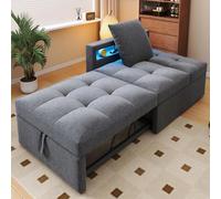 Sofá cama tapizado 3 en 1 multifunción sofá cama, sofá de tela de lino con respaldo ajustable, el reposabrazos dispone de barras de luz LED y conectores USB/tipo C, sofá reclinable para espacios