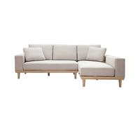 Sofá chaise longue a la derecha 5 plazas con almacenaje de tela texturizada beige efecto aterciopelado y madera clara KOMAO