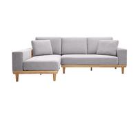 Sofá chaise longue a la izquierda 5 plazas con estantes en tela texturizada gris claro efecto aterciopelado y madera clara KOMAO
