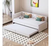 Sofá Convertible 90/180 x 200, tejido terciopelo, cama tapizada con somier de láminas, cama nido con reposabrazos y respaldo, decoración botones remaches, colchón no incluido, beige
