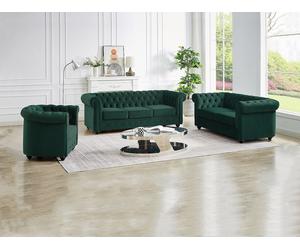 Sofá de 3 plazas, 2 plazas y sillón de terciopelo verde estilo CHESTERFIELD