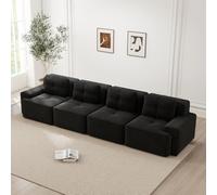 Sofá de 4 plazas, sofá modular, sofá acolchado sin marco de compresión al vacío con 4 cojines, relleno de espuma 32D de alta densidad, sin montaje, negro (asiento prof. 74 + reposabrazos ancho. 30)