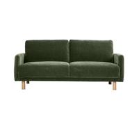 Sofá de diseño de 3 plazas en tela efecto terciopelo verde caqui y madera clara BONO