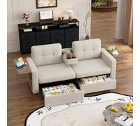 Sofá de dos plazas con dos compartimentos de almacenamiento, asiento | Moderno sofá de tela para sala de estar con espacio de almacenamiento, mesa plegable para ordenador portátil