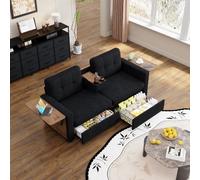 Sofá de dos plazas con espacio de almacenamiento, portavasos y asiento | Sofá con 2 compartimentos de almacenamiento, equipado con una mesa plegable para ordenador portátil, sofá modular para