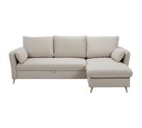 Sofá de esquina convertible reversible con arcón 3-4 plazas en tejido beige y madera clara DRISS