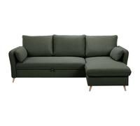 Sofá de esquina convertible reversible con baúl 3-4 plazas en tela verde caqui y madera clara DRISS