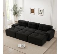 Sofá de esquina de 3 plazas, sofá modular sin marco de compresión al vacío con 3 pufs, 3 almohadas, relleno de espuma 32D de alta densidad, sin montaje, negro (asiento prof. 74 + reposabrazos ancho