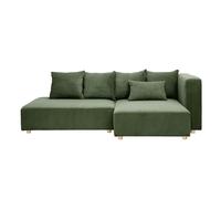 Sofá de esquina derecho de 3 plazas en terciopelo acanalado verde kaki y madera clara HARLEM
