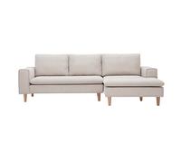 Sofá de esquina derecho en tela efecto terciopelo texturizado beige y madera clara RAGNAR
