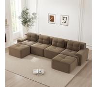 Sofá de esquina U de 4 plazas, sofá modular sin marco de compresión al vacío con 2 pufs, 4 almohadas, relleno de espuma 32D de alta densidad, sin montaje, marrón (asiento prof. 74 + reposabrazos de 30