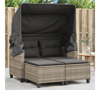 Sofá de Jardín 2 Plazas con Toldo y Otomanas, Conjunto de Exterior en Ratán Sintético, Resistente a la Intemperie y UV, Sillones Jardín Exterior con Cojines Lavables, Gris Claro, 123 x 65 x 155 cm