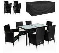 Sofá de jardín de poliratán negro/crema de 7 piezas + toldo