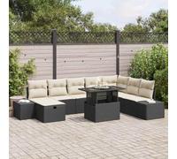 Sofá de jardín modular negro con 11 piezas de polirratán y acero, juego de muebles de jardín con esquina, tres taburetes, mesa y 18 cojines, ideal para terraza y balcón.