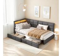 Sofá esquinero 90 x 200 con 2 cajones, tela, iluminación LED y puerto USB, cama banco con somier de láminas, se transforma en cama para 1 persona, lino (gris, 90 x 200 cm)