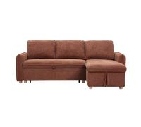 Sofá esquinero convertible reversible con arcón 3 plazas en tejido chenilla tierra quemada y madera clara ORSO