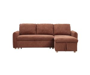 Sofá esquinero convertible reversible con arcón 3 plazas en tejido chenilla tierra quemada y madera clara ORSO