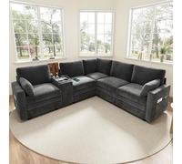 Sofá Esquinero de 5 Plazas, Sofá Cloud con Consola, Puertos USB y Portavasos, Consola Central Reversible con Espacio de Almacenamiento, Sofá Modular en Forma de L para Sala de Estar y Dormitorio-Gray