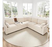 Sofá Esquinero de 5 Plazas, Sofá Cloud con Consola, Puertos USB y Portavasos, Consola Central Reversible con Espacio de Almacenamiento, Sofá modular en Forma de L Para Sala de Estar y Dormitorio-Beige