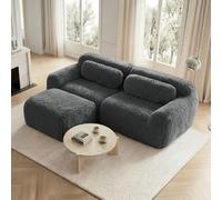 Sofá esquinero-L, sofá de 2 plazas con 1 reposapiés, sofá modular con 2 cojines, reposabrazos extra anchos ergonómico, relleno altamente elástico 32D, base antideslizante, sin montaje, al vacío, gris