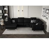 Sofá esquinero Malibu Max II con función de descanso y relajación, 180 x 350 x 182 cm, reposacabezas regulable en altura, piel sintética Madryt, patas metálicas modernas (negro, derecha)