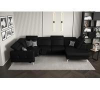 Sofá esquinero Malibu Max II con función de descanso y relajación, 180 x 350 x 182 cm, reposacabezas regulable en altura, piel sintética Madryt, patas metálicas modernas (negro, izquierda)