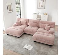 Sofá esquinero modular de lujo, sofá de 3 plazas, salón nube de gran tamaño en U para salón, sofá cama convertible de asiento profundo con puf, tela chenille (rosa + oruga + 3 plazas)