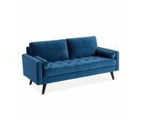Sofá estilo escandinavo de terciopelo con patas de madera, 3 plazas azul marino - 177x85.5x69.5 cm