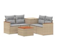 Sofá exterior de 6 piezas Béige Gris Poli Rotan Acero con Baúl | Modular, reposabrazos acacia, almacenamiento integrado, resistente a la intemperie, uso jardín patio
