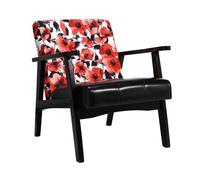 Sofá japonés negro con flores rojas - reposabrazos de pu negro - estilo vintage de mediados de siglo